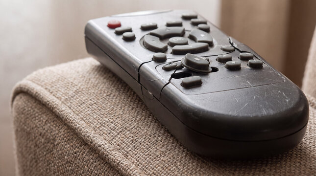 Broken remote control with visible cracks and missing buttons resting on an armchair, symbolizing device malfunction and obsolescence