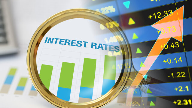 Central bank monetary policy tightening and commercial credit interest rates growth, financial sector fixed income asset appreciation and macroeconomic yields increase. Gold magnifying glass focusing 