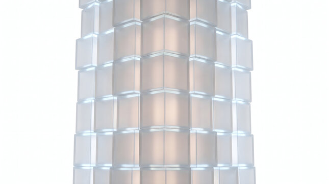 Pristine studio photography of a monolithic tower made of perfectly stacked translucent frosted acrylic glass cubes emitting a soft ambient icy white glow for modern cloud server network architecture