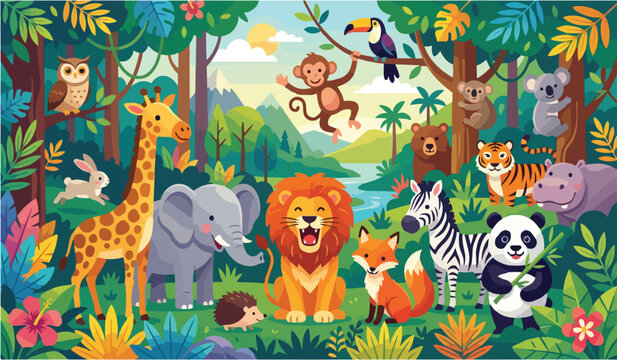 Colorful Jungle Animal Scene with Lion Elephant Giraffe and Panda
