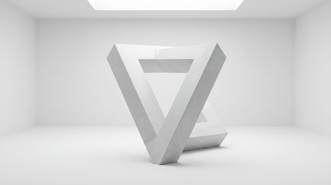 Hyper realistic three dimensional architectural rendering of an impossible penrose triangle optical illusion made of pristine matte white concrete standing in an empty studio for deep problem solving