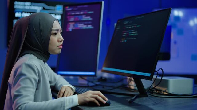 Stressed Muslim female developer wearing hijab feeling exhausted while debugging complex software programming code on dual desktop computer monitors during late night shift in a modern tech office.