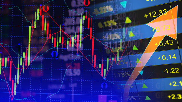Financial market analytics growth and digital stock trading trends, algorithmic investment and electronic economy prediction. Technical stock chart display with blue grid line graphs and candlestick 