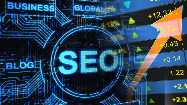 Digital marketing industry development and search engine marketing capital investment, tech sector asset appreciation and online business growth. Glowing digital SEO text on technology circuit board 