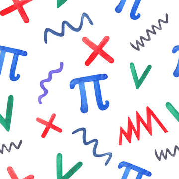 Seamless pattern with the number pi, check mark, cross (error), uneven lines on a transparent background.