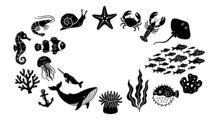 Fototapeta premium Underwater marine life and ocean creature black and white silhouette icons.