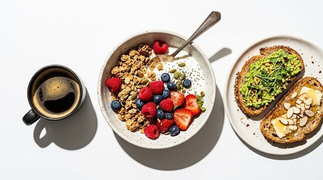 A vibrant overhead flat lay of colorful breakfast items, fresh berries, and pastries, perfect for food blogs, healthy eating content, or cafe promotions, bright daylight setting