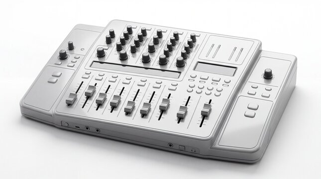 Professional audio mixing console with faders and knobs on white
