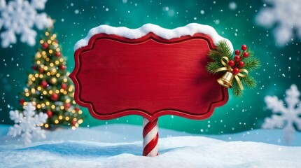Naklejka premium Blank Red Christmas Sign Snowy Winter Wonderland
