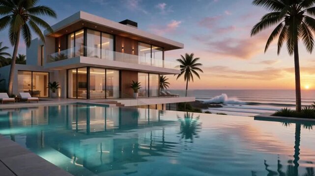 Luxury beachfront villa with infinity pool at golden hour