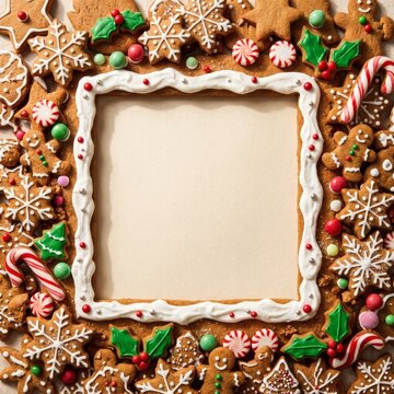 Christmas Gingerbread Cookies Border with Blank Frame for Holiday Message
