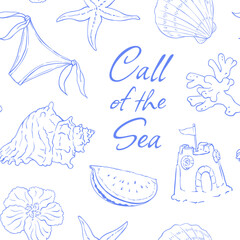 Obraz premium Whimsical beach travel seamless pattern with blue shell starfish castle and coral doodle art. Hand drawn line background for mediterranean sea vacation textiles and packaging design.