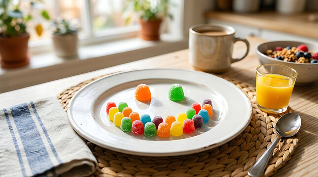A cheerful smiley face crafted from vibrant gumdrops on a white plate, perfect for a sweet celebration