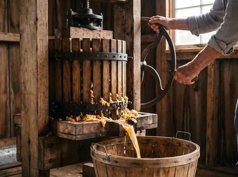 Close-up of hands operating a traditional apple cider press, illustrating the authentic process of natural production and artisanal craft.