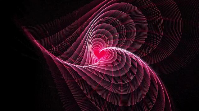 Abstract pink heart tunnel vortex motion background with glowing geometric lines and digital