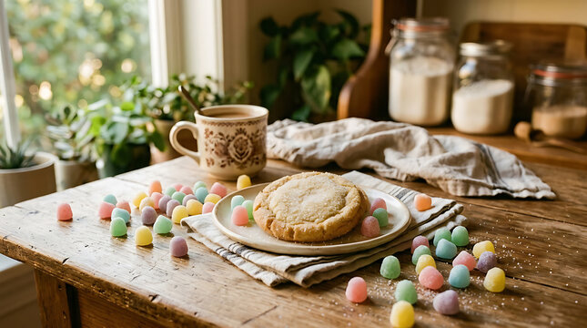 A sweet sugar cookie surrounded by colorful gumdrops beside a warm cup of coffee on a rustic wooden table