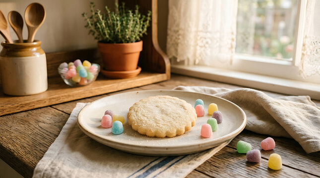 A single sugar cookie surrounded by colorful scattered gumdrops on a rustic wooden table with a potted herb in the background.