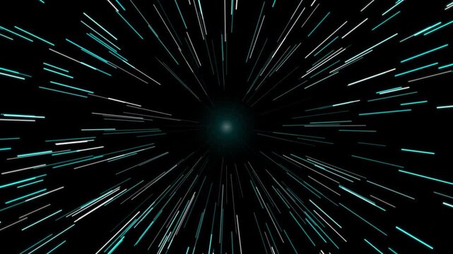 Abstract tunnel of light streaks and particles accelerating through cosmic space with a bright