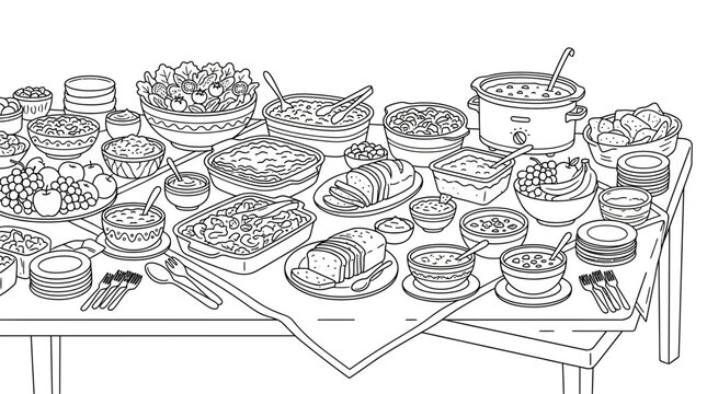 Black and white line art illustration of a Thanksgiving dinner feast on a table.