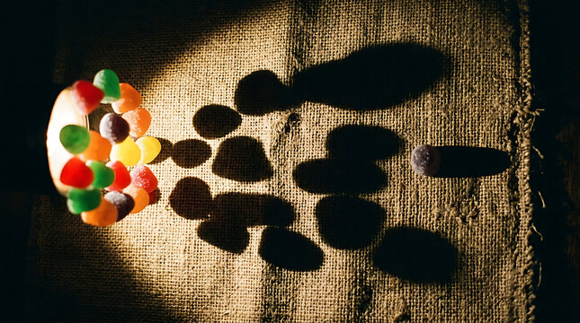 Colorful gumdrops casting dramatic shadows on a textured burlap surface with warm dappled light