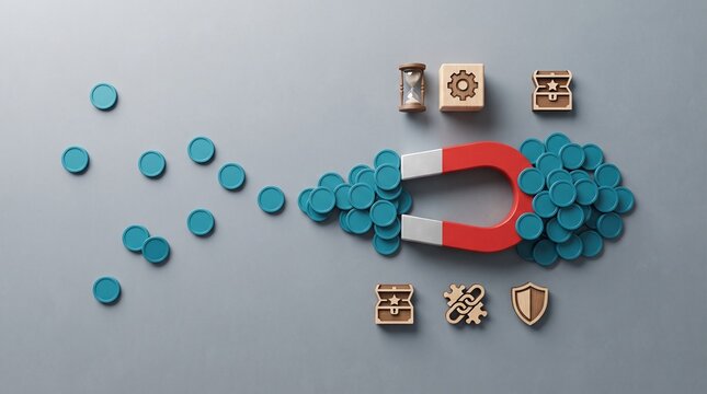 Red horseshoe magnet attracting blue coins and business icons like treasure chest, gears, shield, and hourglass on gray background