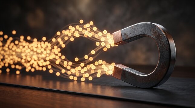Horseshoe magnet attracting glowing particles and energy streams in a conceptual representation of magnetic force and attraction