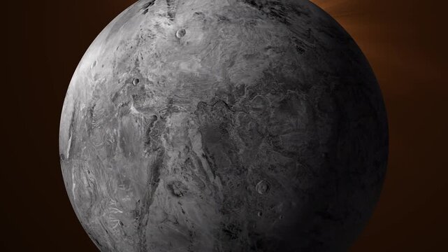 Cinematic rotating Haumea fictional planet surface in deep space with realistic cratered texture.