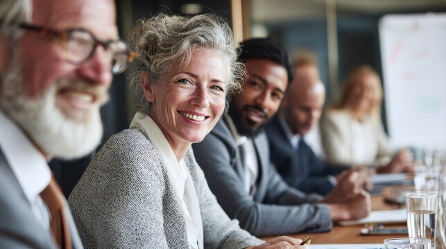Smiling business people talking planning in conference room meeting