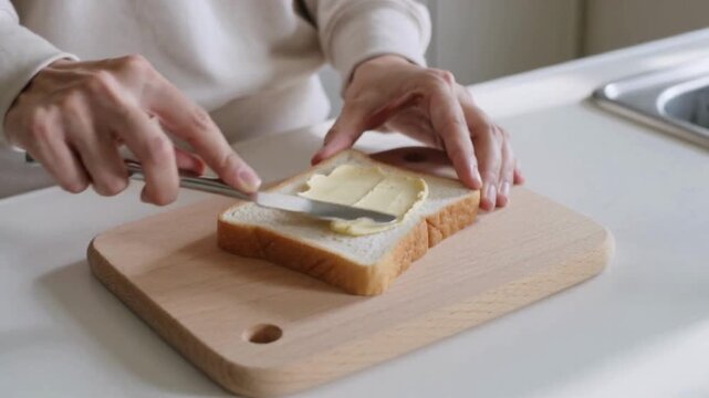 朝の家庭の台所で食パンにバターを薄く均一に塗る手元