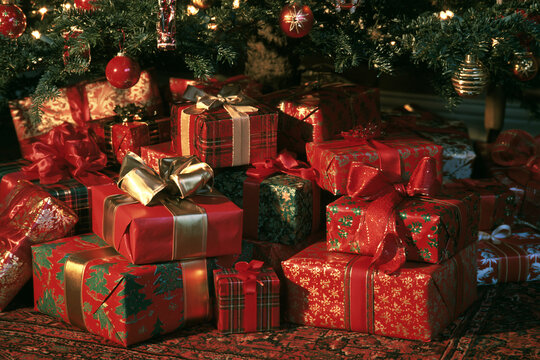 Pile of Colorful Christmas Presents Under a Decorated Tree