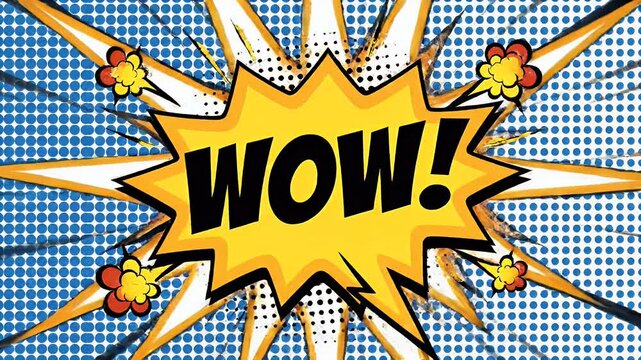 Bold yellow comic book explosion with "WOW!" message against a blue polka dot background