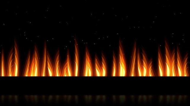 Vibrant animated fire flames with glowing embers and reflections on a dark background energy