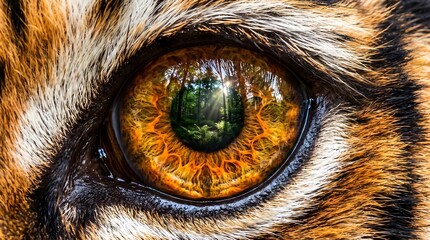 Naklejka premium Close up of tiger eye reflecting lush green forest with sunrays shining.