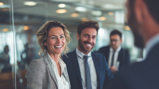 Smiling business people talking planning in conference room meeting