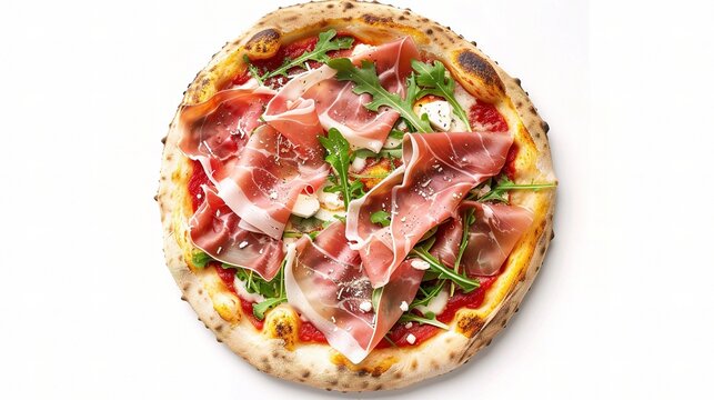 Whole unsliced prosciutto arugula pizza top‑down view with parmesan, mozzarella and tomato sauce, isolated on white background