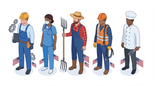 Isometric essential workers set with diverse professionals, labor day characters in uniform, american workforce collection on white background