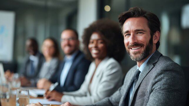 Smiling business people talking planning in conference room meeting