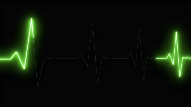 Bright green heart rhythm line glows vividly against a dark, stark background