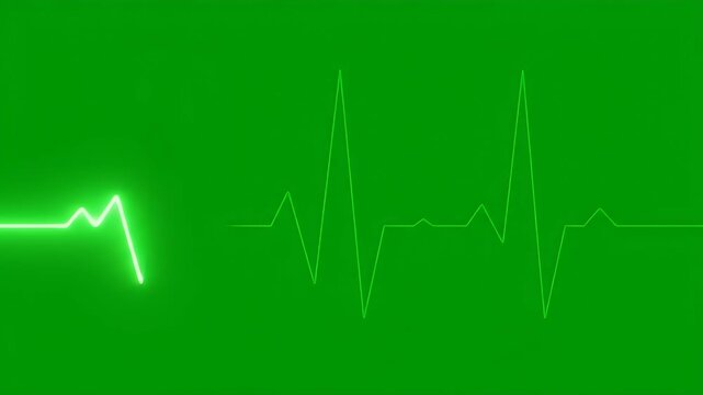 Green screen displays a bright white electrocardiogram heartbeat line