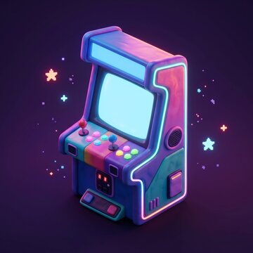 3D isometric colorful neon retro arcade game machine box