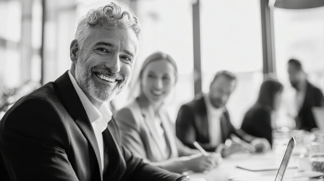 Smiling business people talking planning in conference room meeting