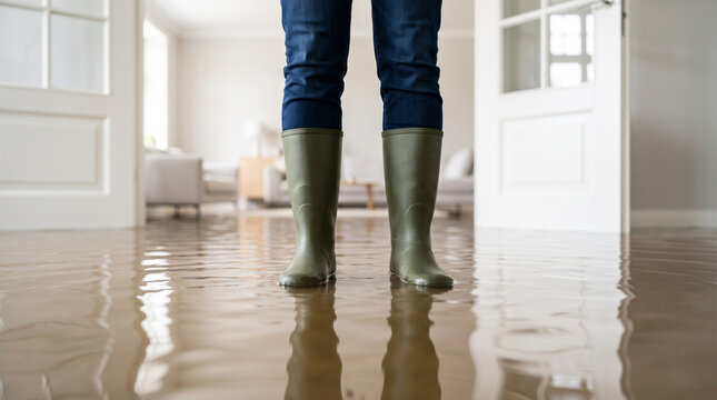 Heavy rain creates puddle reflection around rubber boot. Urban city flooding hazard. stormy rainstorm weather climate, wet water raindrop splashing