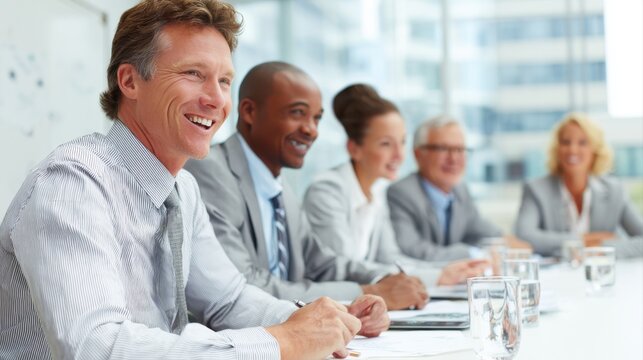 Smiling business people talking planning in conference room meeting
