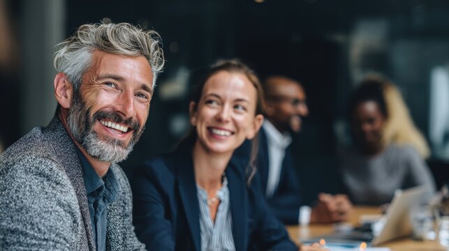 Smiling business people talking planning in conference room meeting