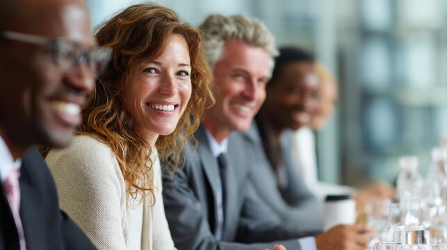 Smiling business people talking planning in conference room meeting