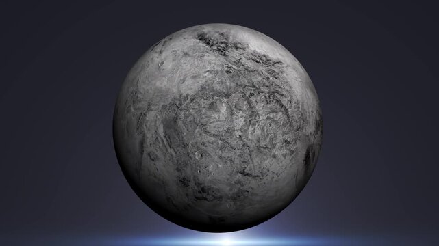 Rotating Haumea fictional planet in deep space with textured surface and dark cosmic background.