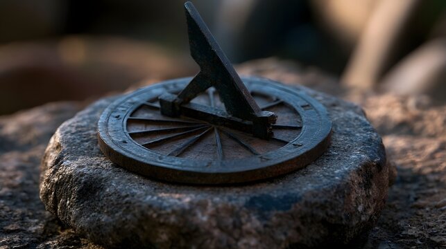 A weathered metal sundial rests on a rough stone surface  its gnomon casting a shadow under warm  directional light