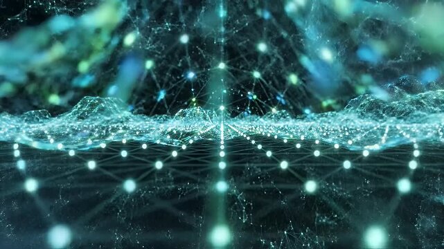Glowing network of interconnected nodes forms a digital landscape, rising to a peak