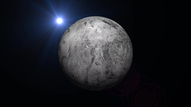Cinematic view of a Haumea fictional alien planet orbiting a distant star in deep space.