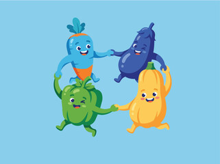 Naklejka premium Four Friendly Vegetable Characters Holding Hands